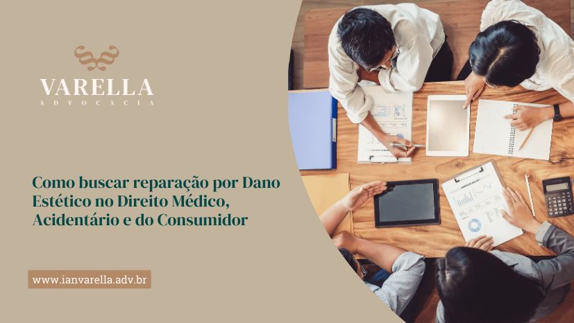 Profissionais discutindo relatórios jurídicos em uma mesa de trabalho, representando a busca por indenização por dano estético no direito médico, acidentário e do consumidor