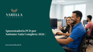 Trabalhadores sentados em um ambiente de trabalho e a frase sobre aposentadoria do PCD por autismo